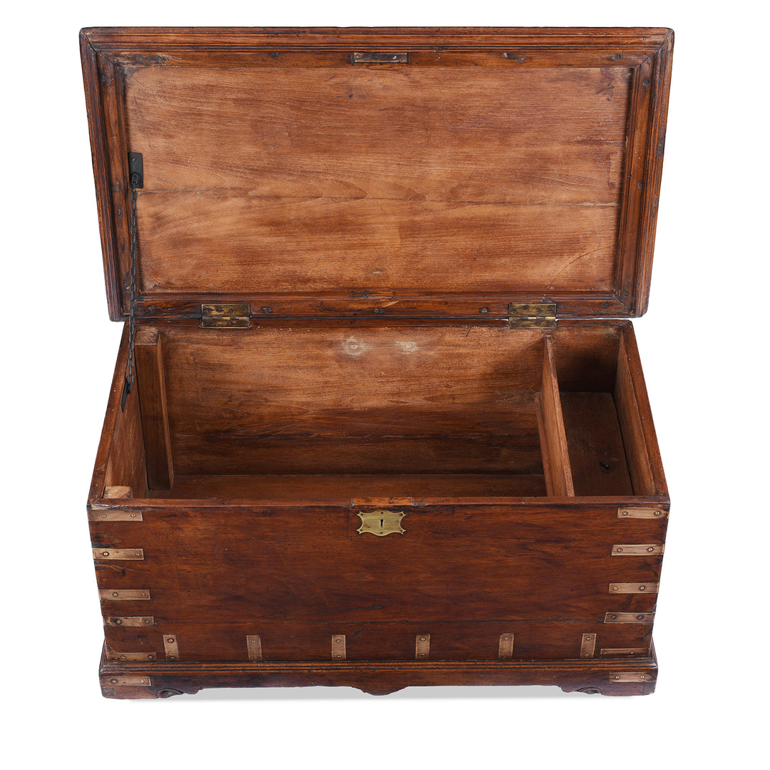 Open Lid View Of Antique Brass Bound Teak Military Chest