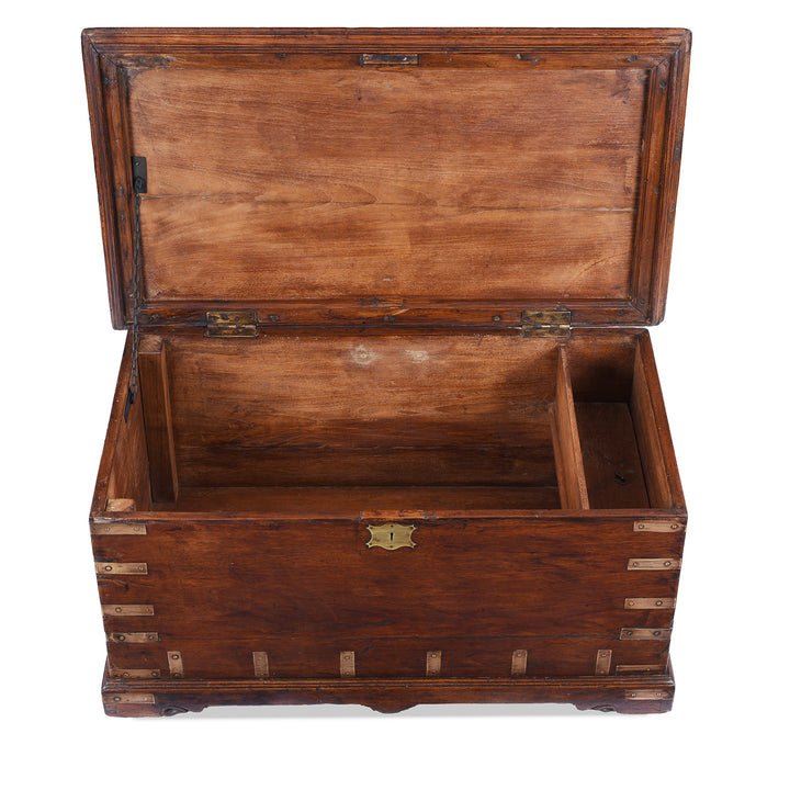 Open Lid View Of Antique Brass Bound Teak Military Chest