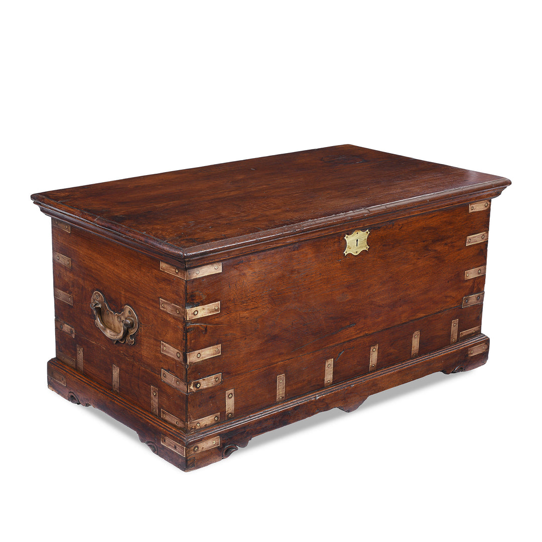 Angled View Of Antique Brass Bound Teak Military Chest