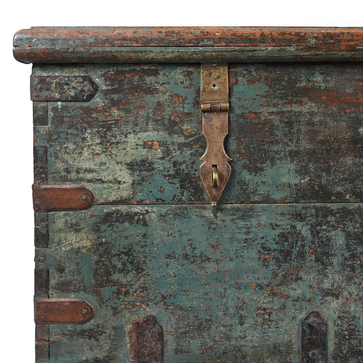 Detailed View Of Latch From Indian Antique Painted Teak Chest With Distressed Turquoise And Rust Patina And Iron Strap Detailing