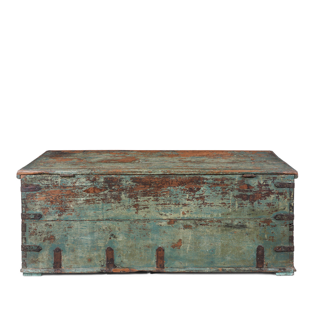 View Of Back Of Indian Antique Painted Teak Chest With Distressed Turquoise And Rust Patina And Iron Strap Detailing