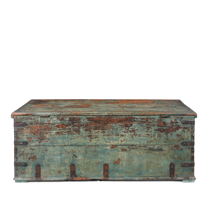 View Of Back Of Indian Antique Painted Teak Chest With Distressed Turquoise And Rust Patina And Iron Strap Detailing