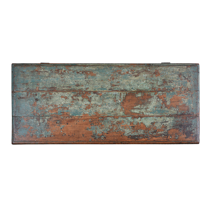 Top Down View Of Indian Antique Painted Teak Chest With Distressed Turquoise And Rust Patina And Iron Strap Detailing