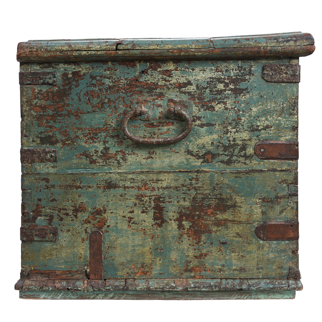 Side View Of Handle From Indian Antique Painted Teak Chest With Distressed Turquoise And Rust Patina And Iron Strap Detailing