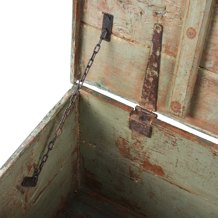 Detailed View Of Chain From Indian Antique Painted Teak Chest With Distressed Turquoise And Rust Patina And Iron Strap Detailing