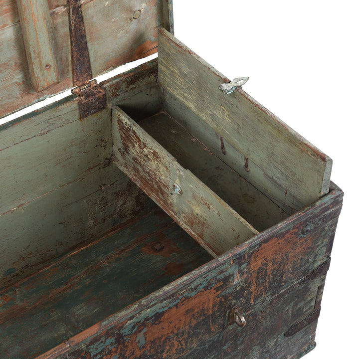 Interior View Of Coin Box From Indian Antique Painted Teak Chest With Distressed Turquoise And Rust Patina And Iron Strap Detailing