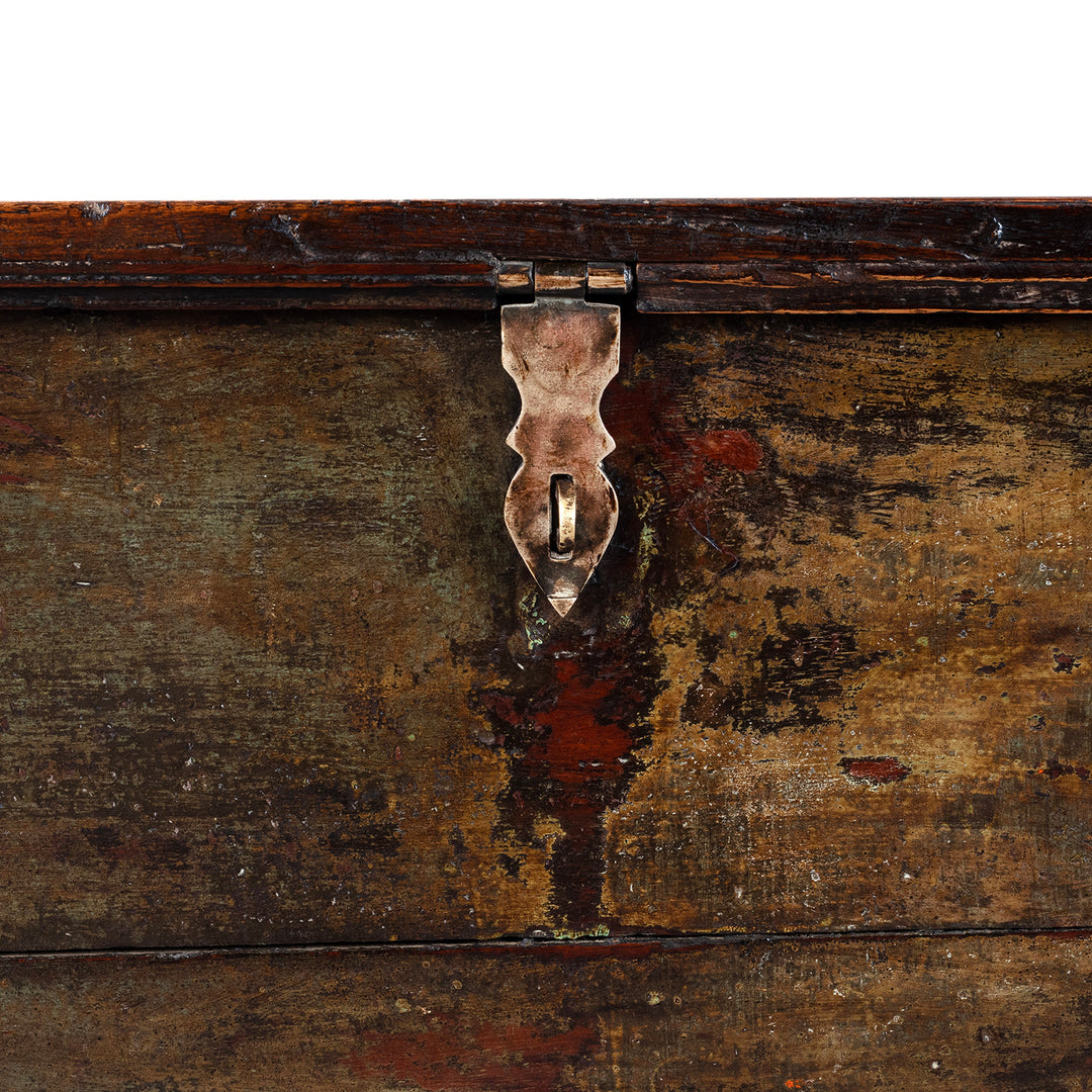 Latch Detail From 19th Century Iron Bound Gujarat Teak Chest With Distressed Painted Finish And Candle Compartment