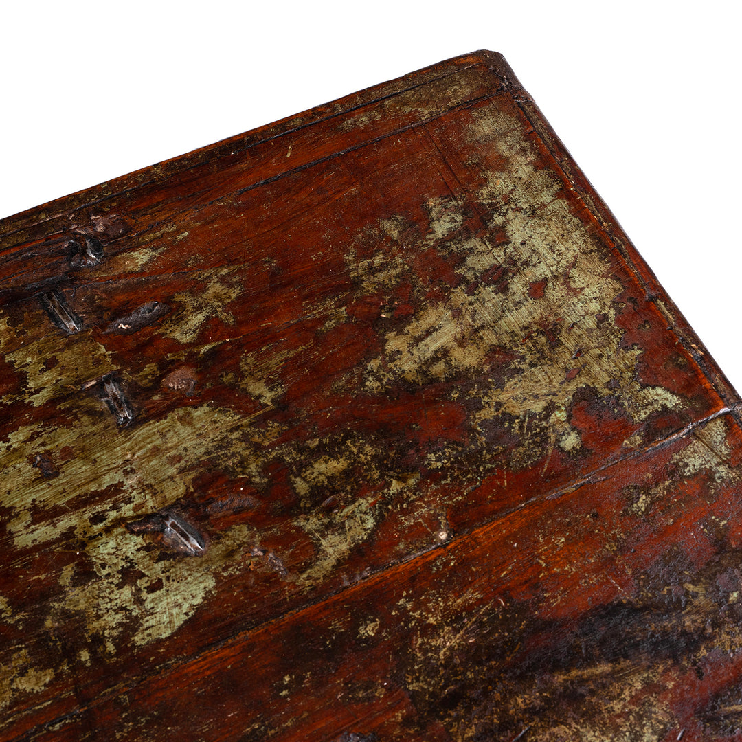 Surface Detiail From 19th Century Iron Bound Gujarat Teak Chest With Distressed Painted Finish And Candle Compartment