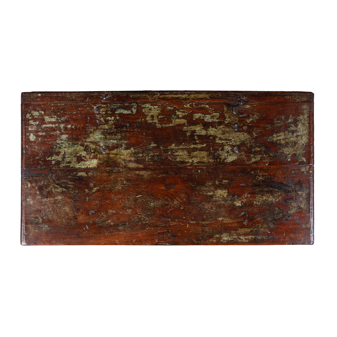 Top Down View Of 19th Century Iron Bound Gujarat Teak Chest With Distressed Painted Finish And Candle Compartment