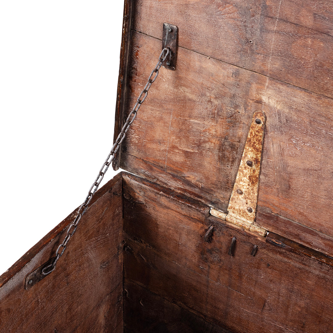 Chain Detail From 19th Century Iron Bound Gujarat Teak Chest With Distressed Painted Finish And Candle Compartment