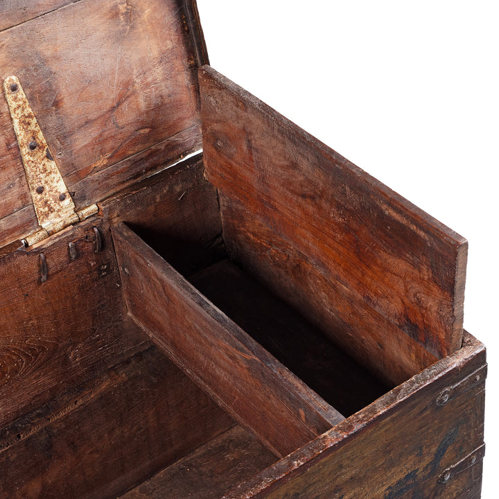 Candle Box Detail From 19th Century Iron Bound Gujarat Teak Chest With Distressed Painted Finish And Candle Compartment