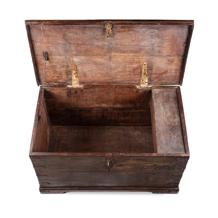 Interior Of 19th Century Iron Bound Gujarat Teak Chest With Distressed Painted Finish And Candle Compartment