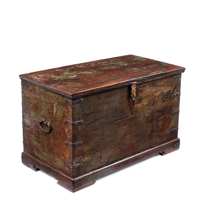 Angled View Of 19th Century Iron Bound Gujarat Teak Chest With Distressed Painted Finish And Candle Compartment