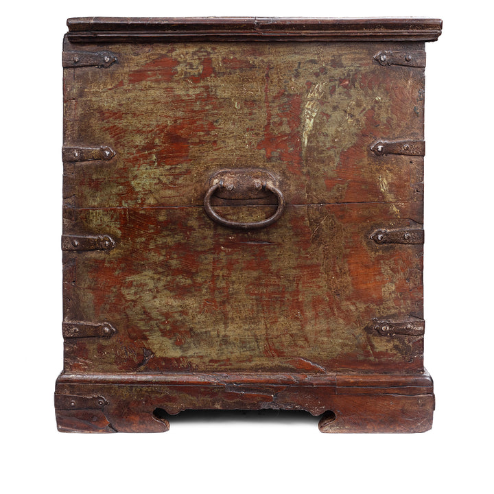 Side View Of 19th Century Iron Bound Gujarat Teak Chest With Distressed Painted Finish And Candle Compartment