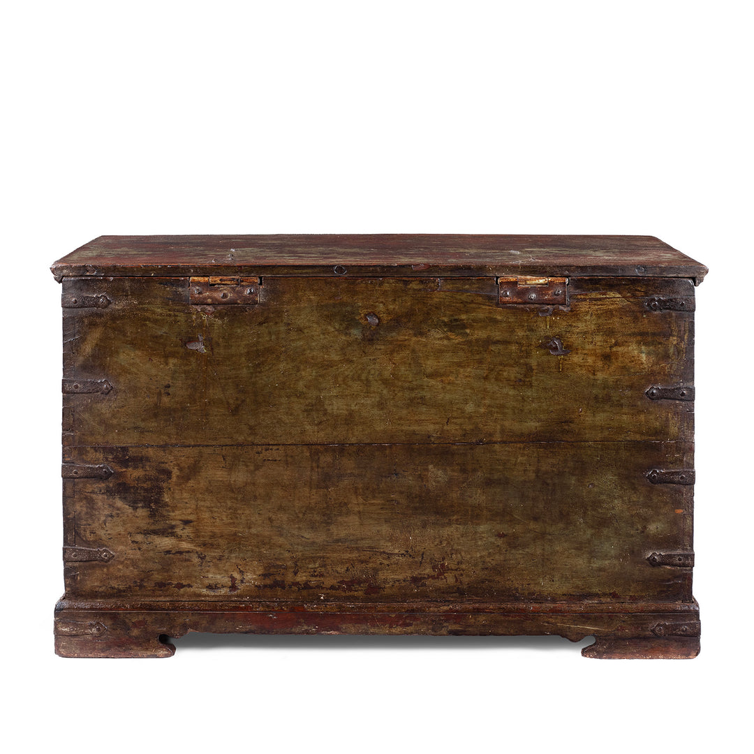 Back of 19th Century Iron Bound Gujarat Teak Chest With Distressed Painted Finish And Candle Compartment