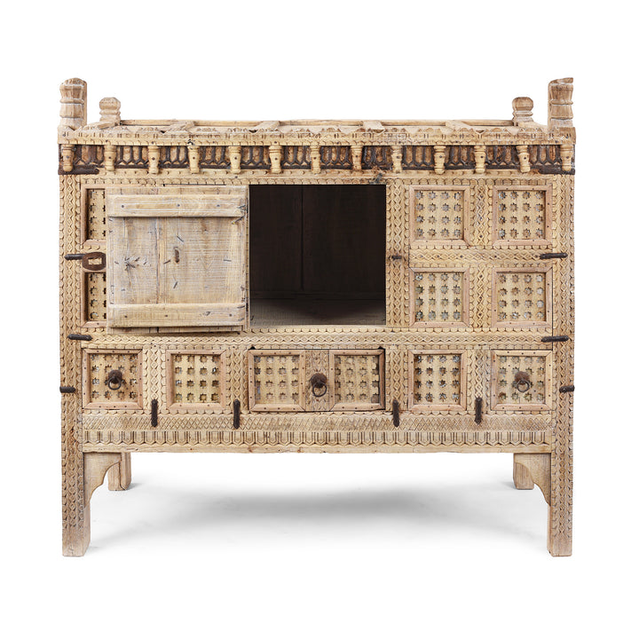 Interior View Of Bleached Teak Indian Damchiya Chest With Intricate Hand-Carved Geometric Patterns And Hidden Tribal Compartments