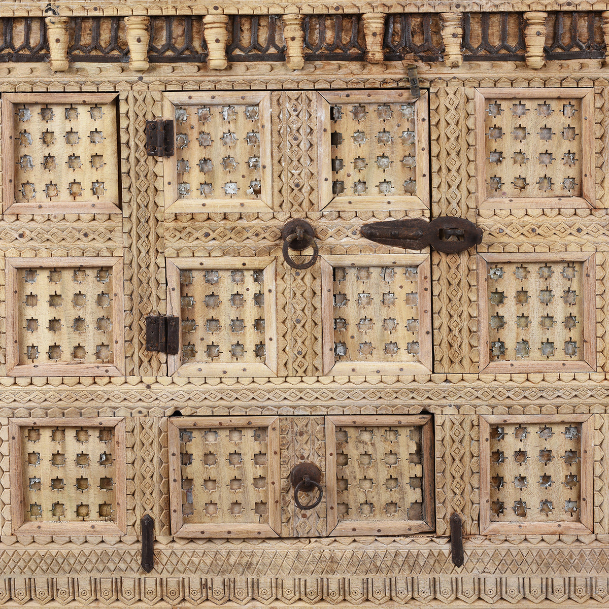 Door Panel And Chip Carving Detail View From Bleached Teak Indian Damchiya Chest With Intricate Hand-Carved Geometric Patterns And Hidden Tribal Compartments