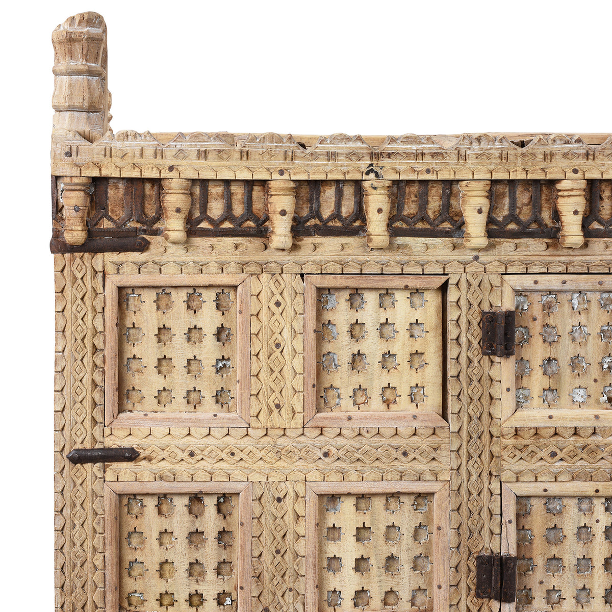 Corner Detail From Bleached Teak Indian Damchiya Chest With Intricate Hand-Carved Geometric Patterns And Hidden Tribal Compartments