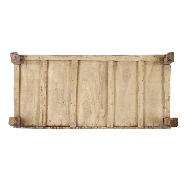 Top Down View Of Bleached Teak Indian Damchiya Chest With Intricate Hand-Carved Geometric Patterns And Hidden Tribal Compartments