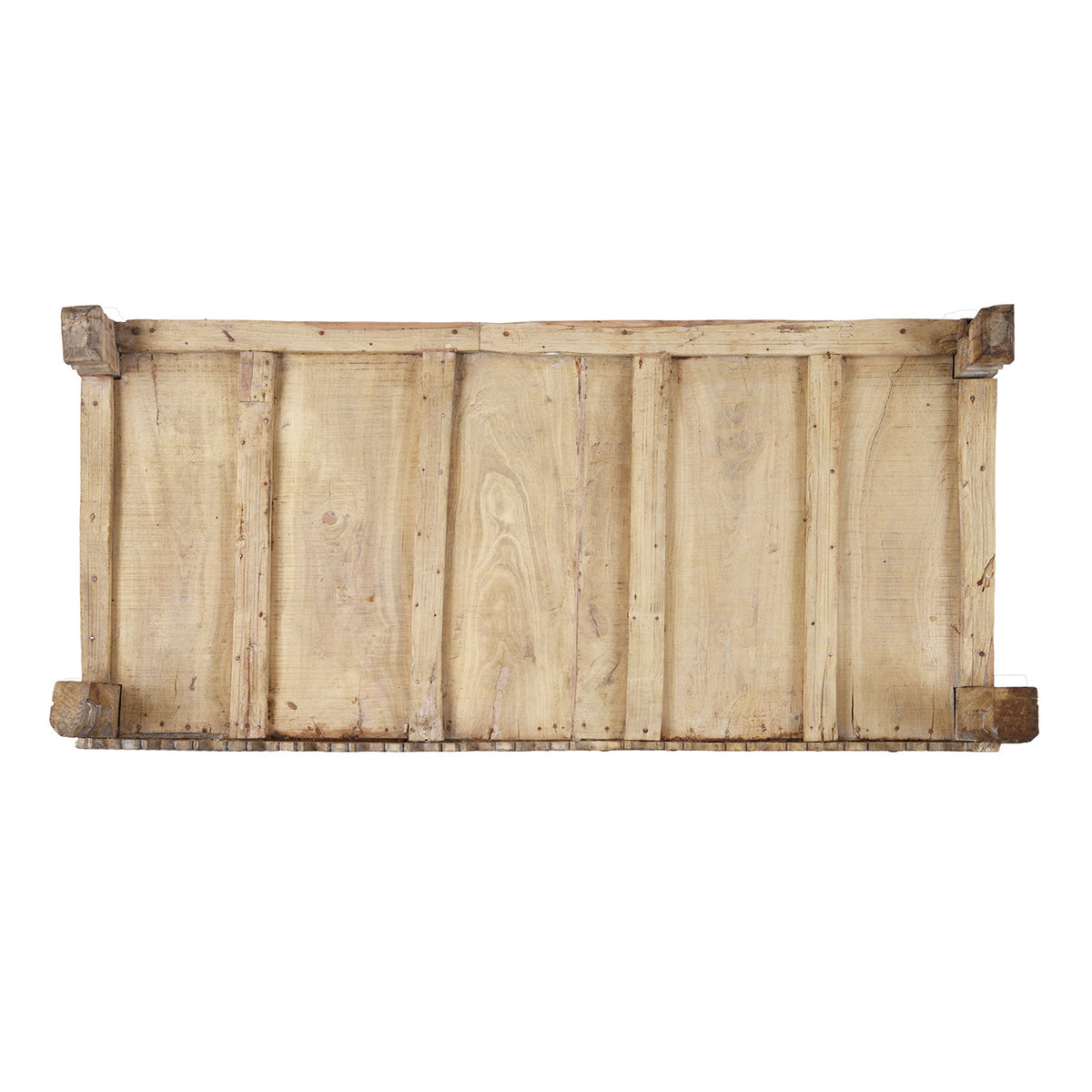 Top Down View Of Bleached Teak Indian Damchiya Chest With Intricate Hand-Carved Geometric Patterns And Hidden Tribal Compartments