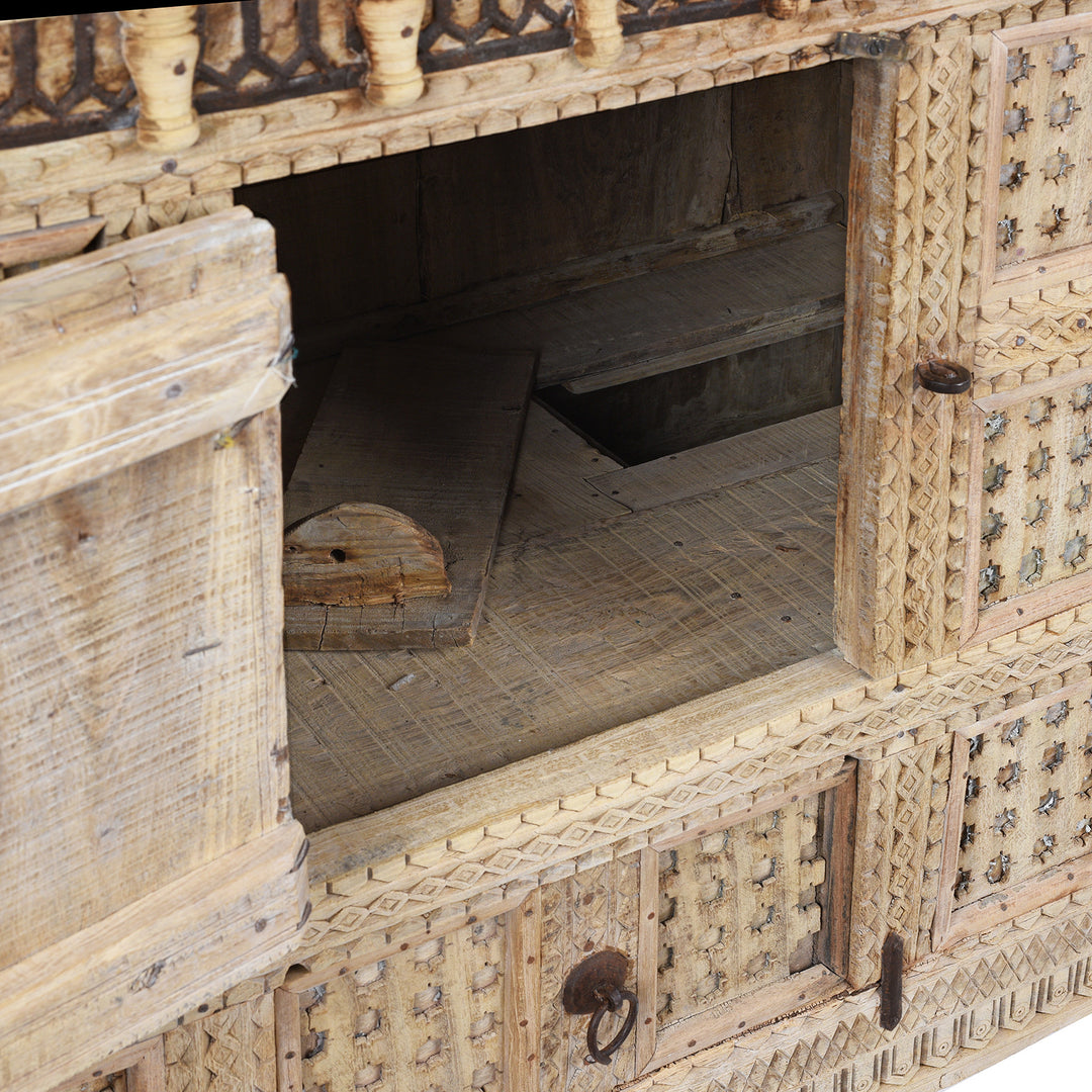 Interior Hidden Compartment View From Bleached Teak Indian Damchiya Chest With Intricate Hand-Carved Geometric Patterns And Hidden Tribal Compartments