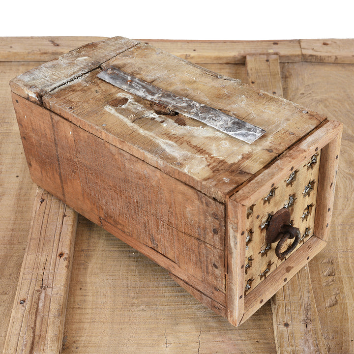 Drawer Detail From Bleached Teak Indian Damchiya Chest With Intricate Hand-Carved Geometric Patterns And Hidden Tribal Compartments