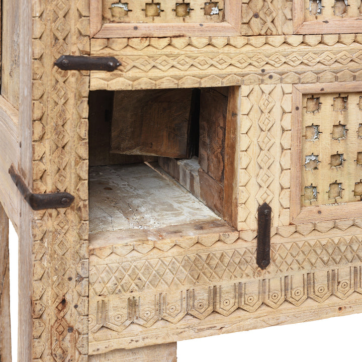 Hidden Compartment View From Bleached Teak Indian Damchiya Chest With Intricate Hand-Carved Geometric Patterns And Hidden Tribal Compartments