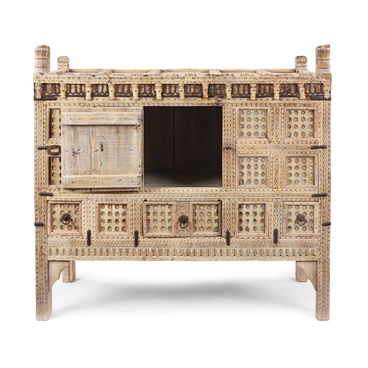 Interior View Of Bleached Teak Indian Damchiya Chest With Intricate Hand-Carved Geometric Patterns And Hidden Tribal Compartments