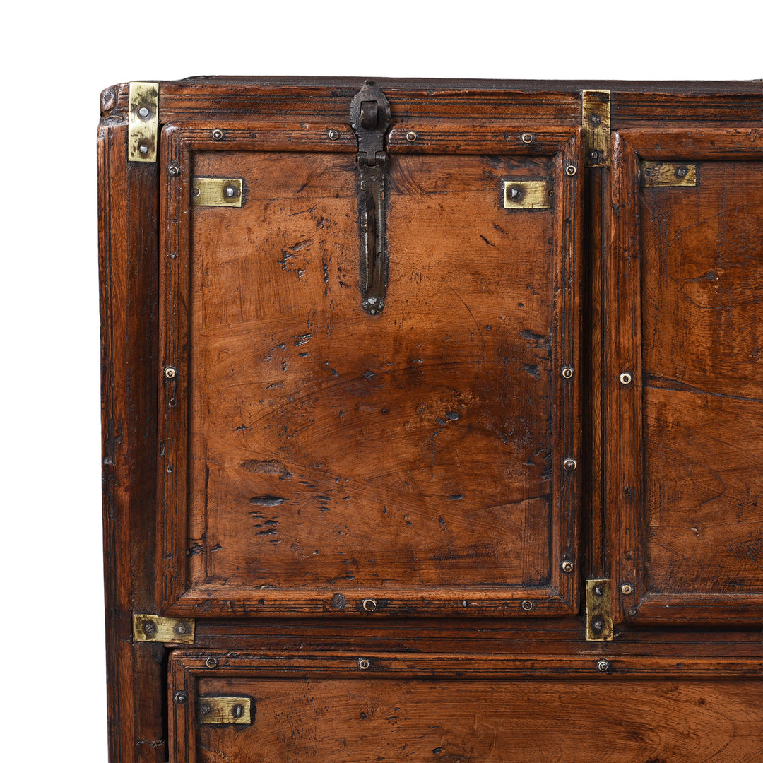 Corner Detail From Antique Indian Brass Bound Military Chest Of Drawers | Indigo Antiques