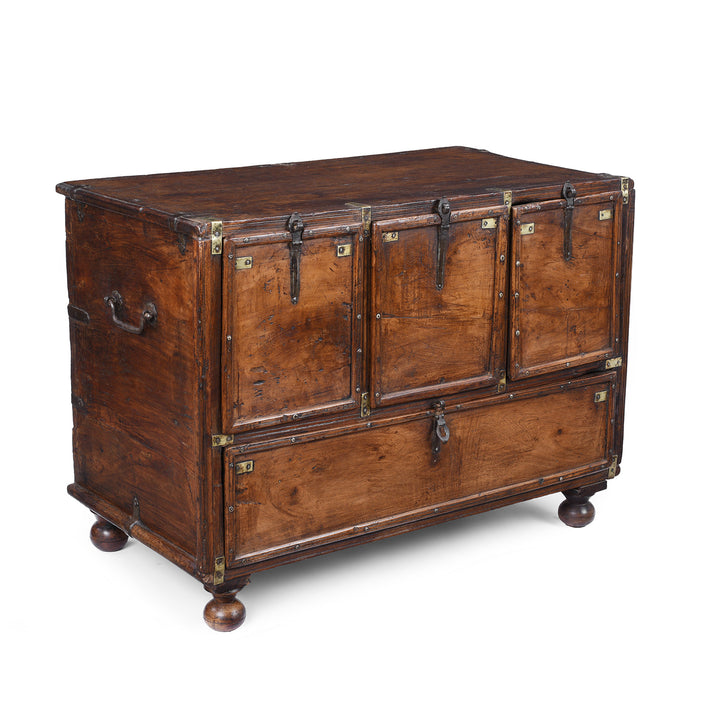 Angled View Of Antique Indian Brass Bound Military Chest Of Drawers | Indigo Antiques