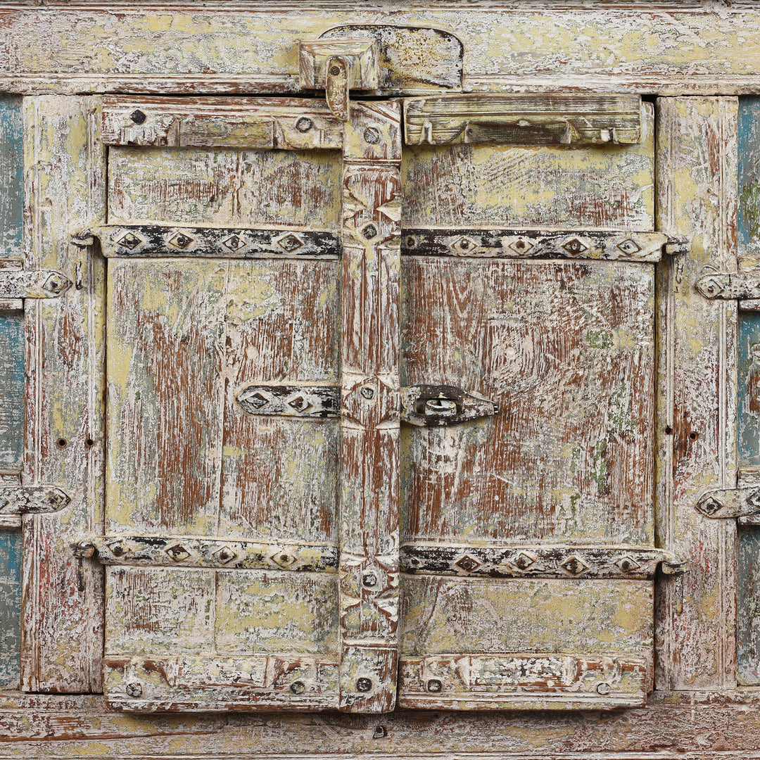 Door Panel Detail From Reclaimed Teak Coffer With Painted Finish | Indigo Antiques