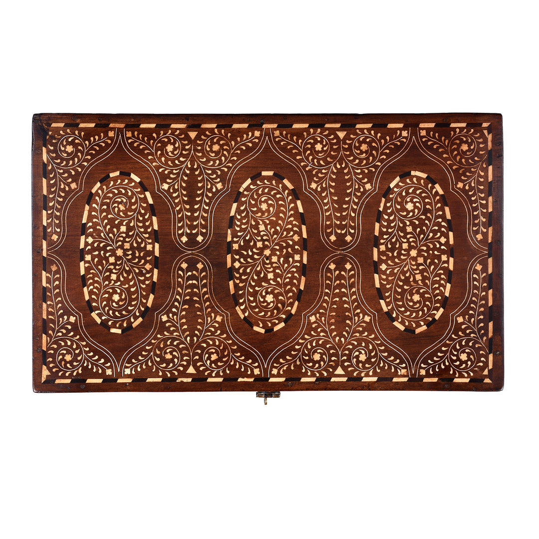 Top Down View Of 19th Century Indian Teak Chest With Intricate Mughal-Style Bone Inlay, Vintage Decorative Storage Furniture
