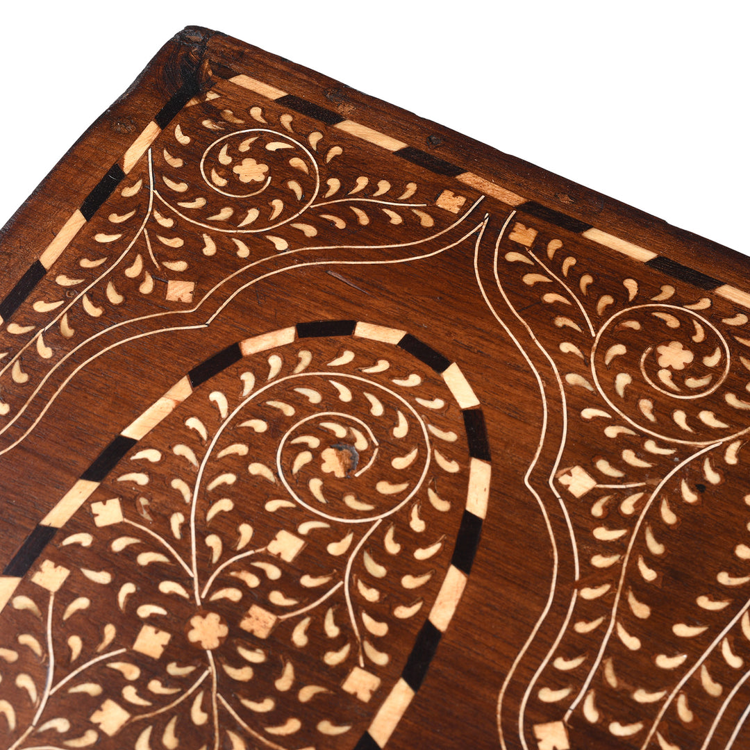 Inlay Detail From Top Of 19th Century Indian Teak Chest With Intricate Mughal-Style Bone Inlay, Vintage Decorative Storage Furniture