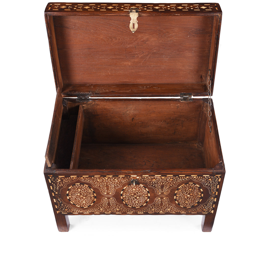 Interior View Of 19th Century Indian Teak Chest With Intricate Mughal-Style Bone Inlay, Vintage Decorative Storage Furniture
