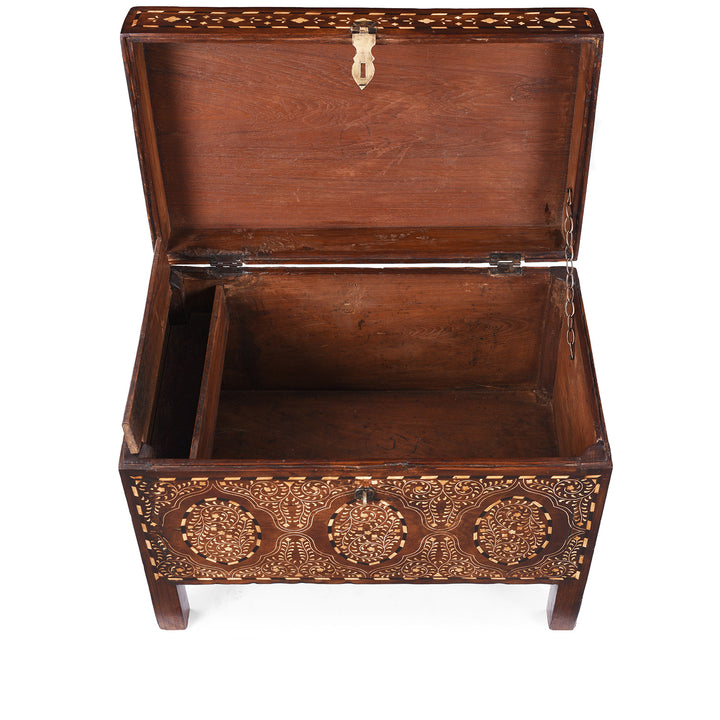 Interior View Of 19th Century Indian Teak Chest With Intricate Mughal-Style Bone Inlay, Vintage Decorative Storage Furniture