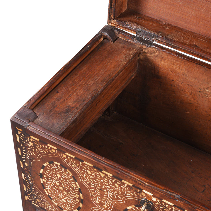 Candle Box Detail From 19th Century Indian Teak Chest With Intricate Mughal-Style Bone Inlay, Vintage Decorative Storage Furniture