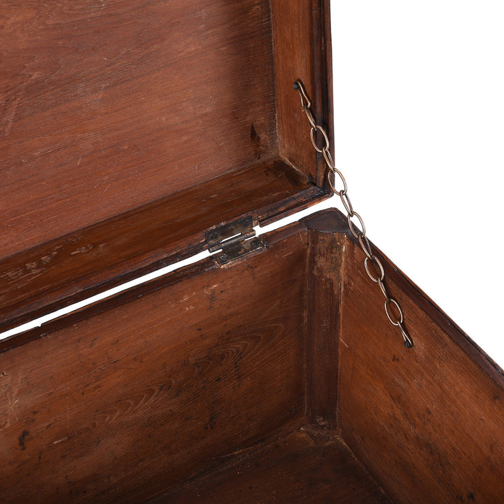 Chain Detail From 19th Century Indian Teak Chest With Intricate Mughal-Style Bone Inlay, Vintage Decorative Storage Furniture