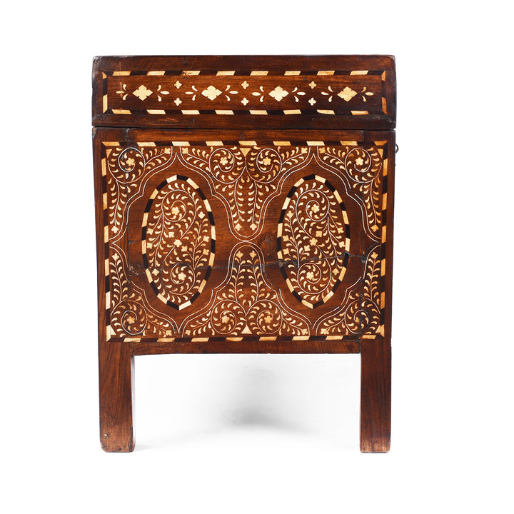 Side VIew Of 19th Century Indian Teak Chest With Intricate Mughal-Style Bone Inlay, Vintage Decorative Storage Furniture