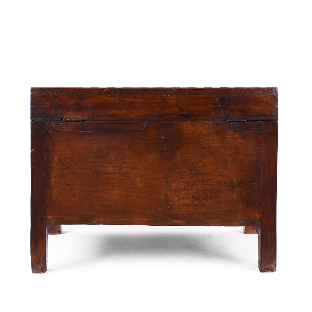 Back Of 19th Century Indian Teak Chest With Intricate Mughal-Style Bone Inlay, Vintage Decorative Storage Furniture