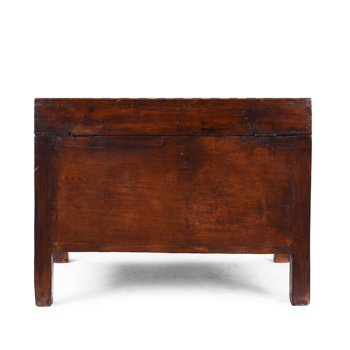 Back Of 19th Century Indian Teak Chest With Intricate Mughal-Style Bone Inlay, Vintage Decorative Storage Furniture