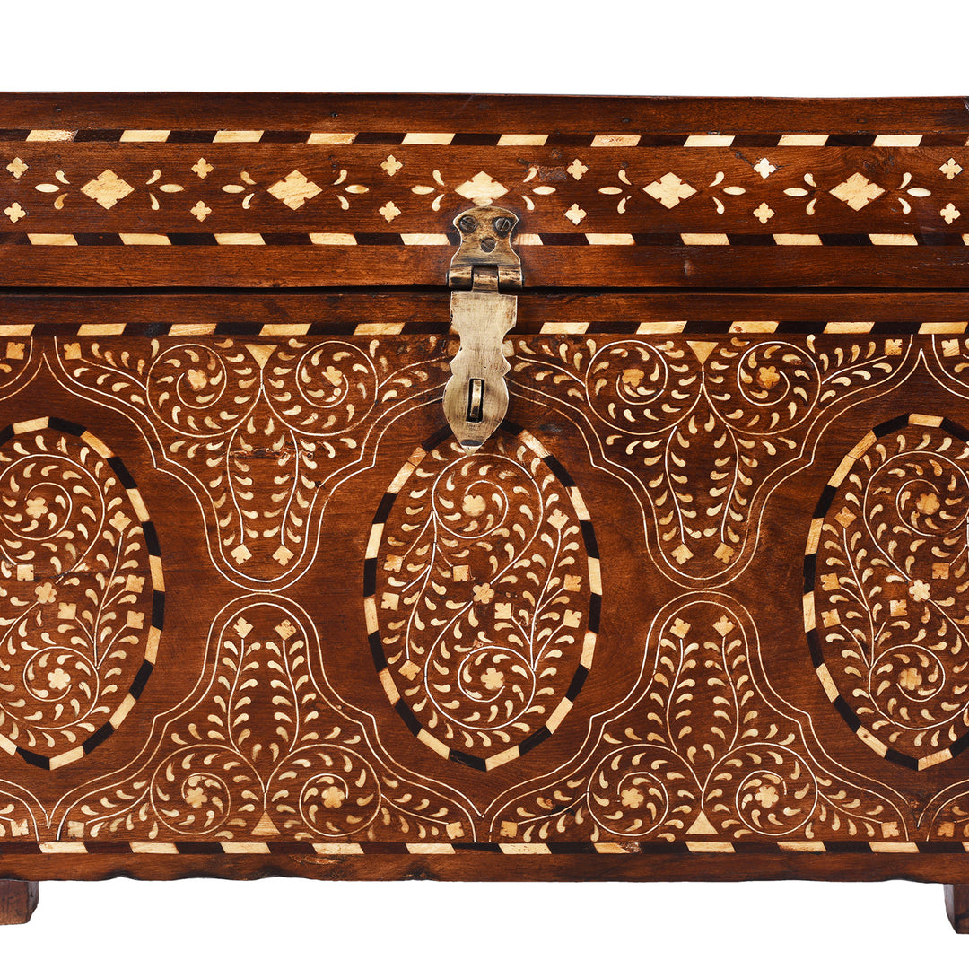Hasp And Front Inlay Detail From 19th Century Indian Teak Chest With Intricate Mughal-Style Bone Inlay, Vintage Decorative Storage Furniture