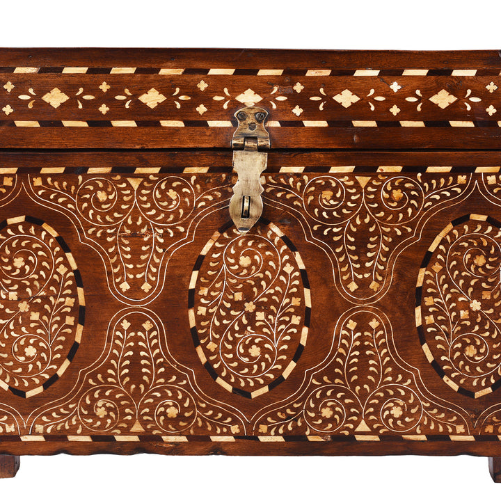 Hasp And Front Inlay Detail From 19th Century Indian Teak Chest With Intricate Mughal-Style Bone Inlay, Vintage Decorative Storage Furniture