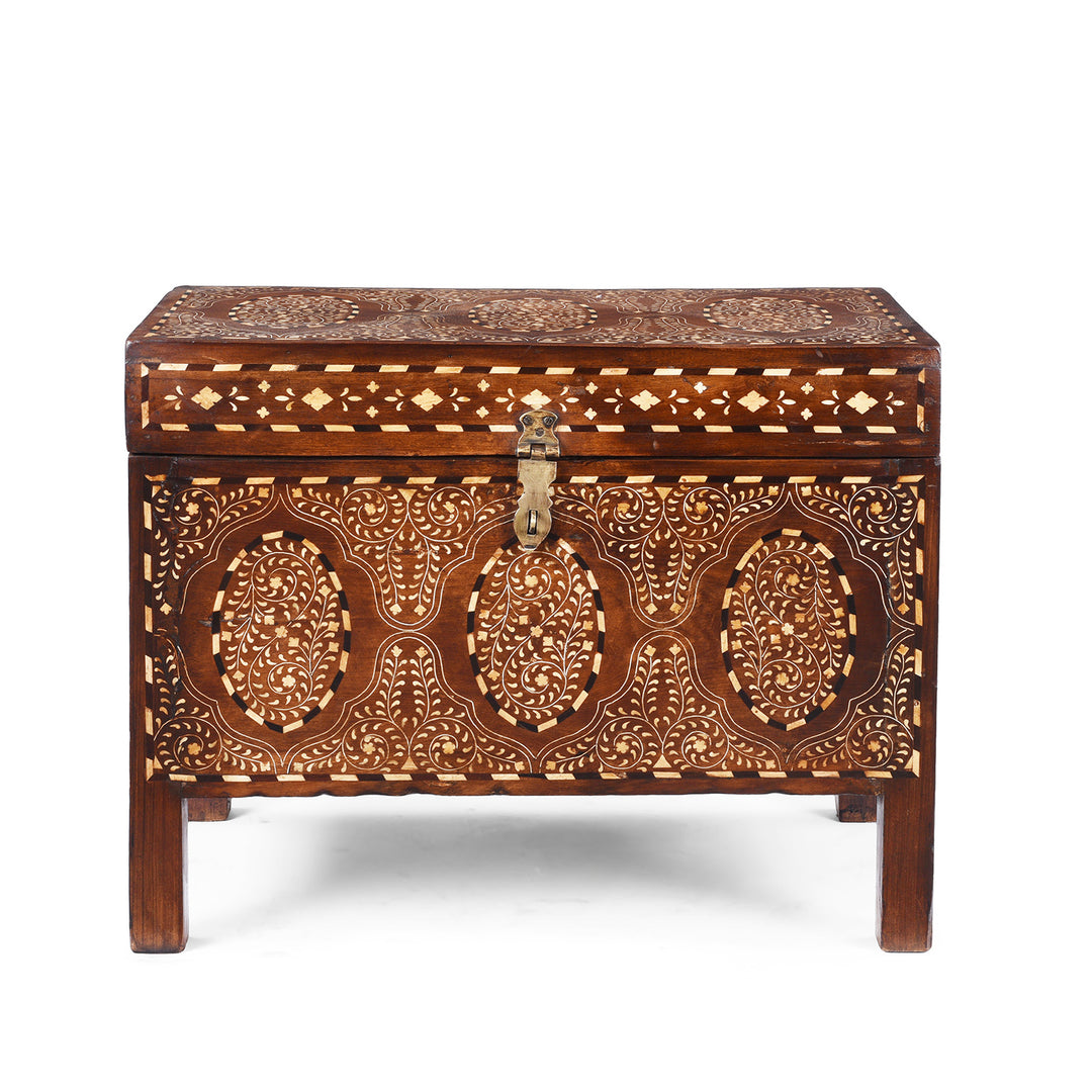 19th Century Indian Teak Chest With Intricate Mughal-Style Bone Inlay, Vintage Decorative Storage Furniture