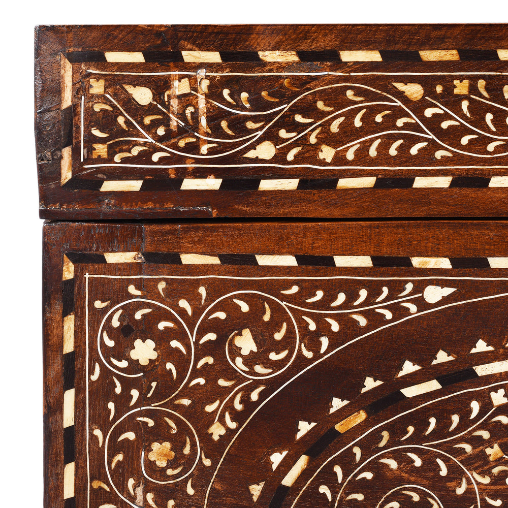 Corner Detail Dispalying Inlay Detail From Antique Indian Chest From Circa 19th Century With Intricate Traditional-Style Bone Inlay, Decorative Vintage Storage Trunk From The Raj Era