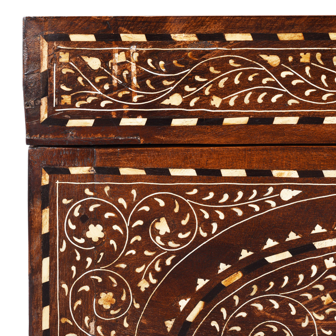 Corner Detail Dispalying Inlay Detail From Antique Indian Chest From Circa 19th Century With Intricate Traditional-Style Bone Inlay, Decorative Vintage Storage Trunk From The Raj Era