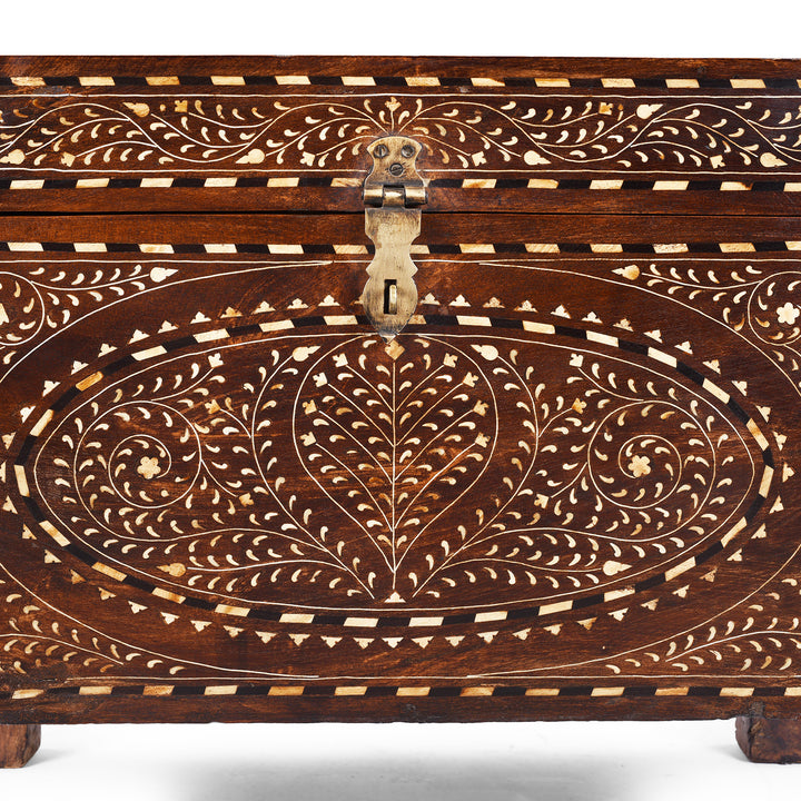Inlay Design Detail From Antique Indian Chest From Circa 19th Century With Intricate Traditional-Style Bone Inlay, Decorative Vintage Storage Trunk From The Raj Era