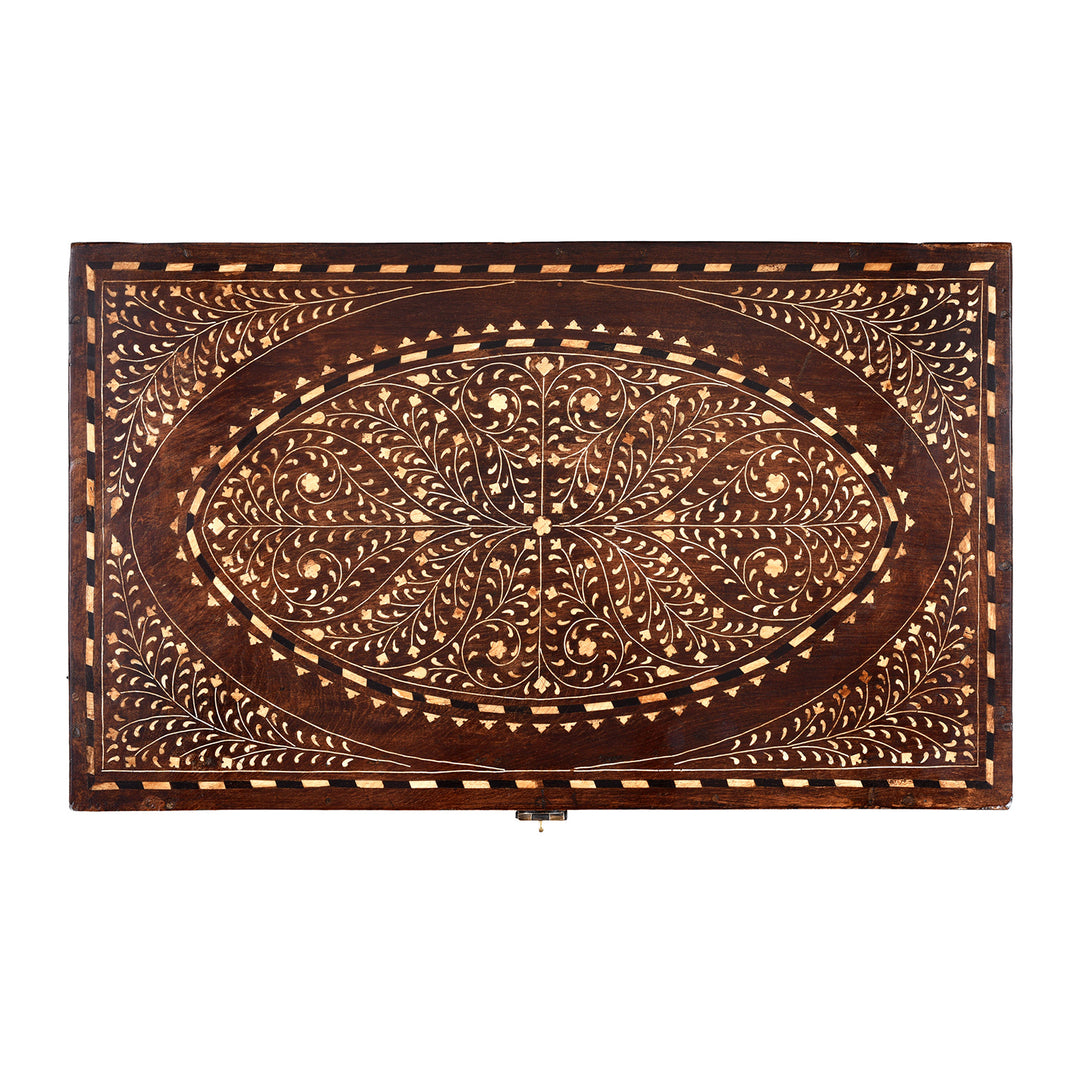 Top Down View Of Antique Indian Chest From Circa 19th Century With Intricate Traditional-Style Bone Inlay, Decorative Vintage Storage Trunk From The Raj Era