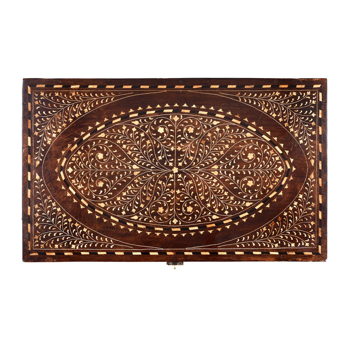 Top Down View Of Antique Indian Chest From Circa 19th Century With Intricate Traditional-Style Bone Inlay, Decorative Vintage Storage Trunk From The Raj Era
