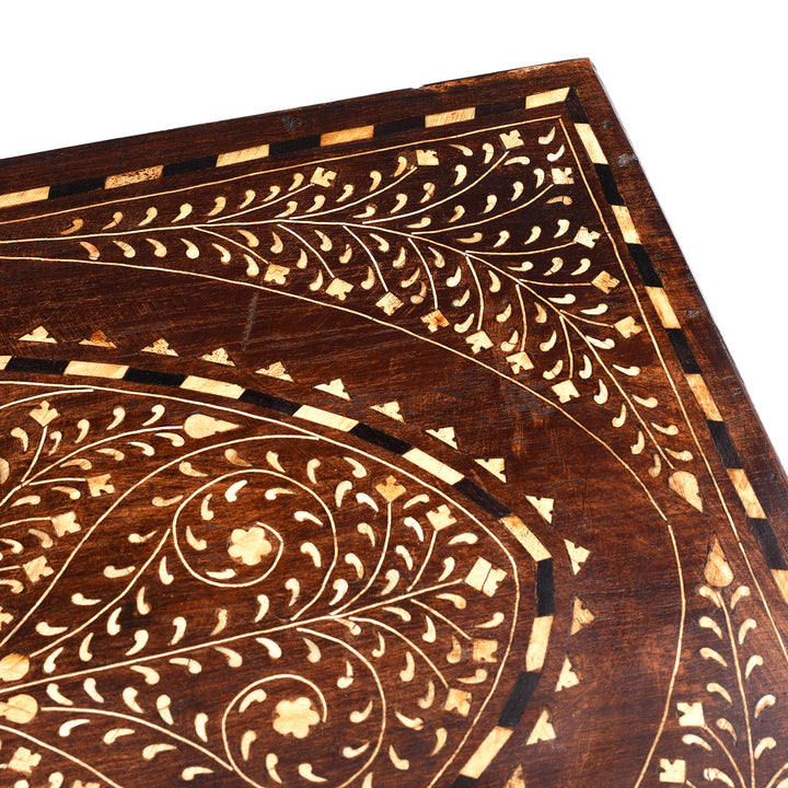 Top Inlay Design Detail From Antique Indian Chest From Circa 19th Century With Intricate Traditional-Style Bone Inlay, Decorative Vintage Storage Trunk From The Raj Era