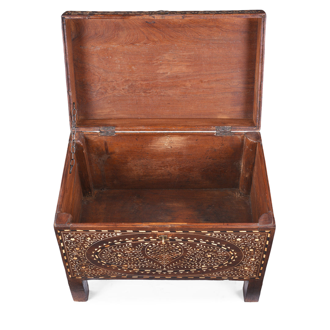 Interior Of Antique Indian Chest From Circa 19th Century With Intricate Traditional-Style Bone Inlay, Decorative Vintage Storage Trunk From The Raj Era